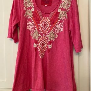 Johnny Was hot pink embroidered t-shirt with handkerchief hem.  Size Medium